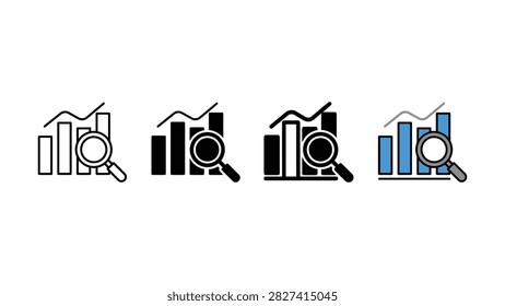 Set of data analysis icons featuring bar charts and magnifying glasses