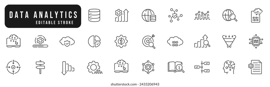 Set of data analysis line icons. Graph, search, network, cloud, database etc. Editable stroke
