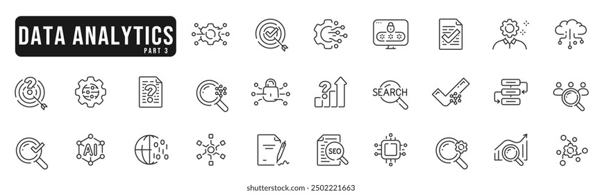 Set of data analysis line icons. Graph, search, network, cloud, database etc. Editable stroke. Part 3