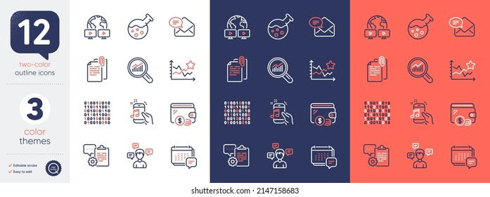 Set of Data analysis, Message and New mail line icons. Include Clipboard, Document attachment, Music phone icons. Video conference, Conversation messages, Chemistry lab web elements. Vector