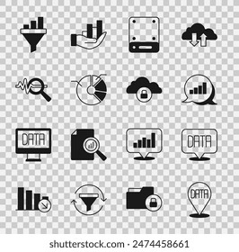 Set Data analysis, Pie chart infographic, Server, Search data, Sales funnel with and Cloud computing lock icon. Vector