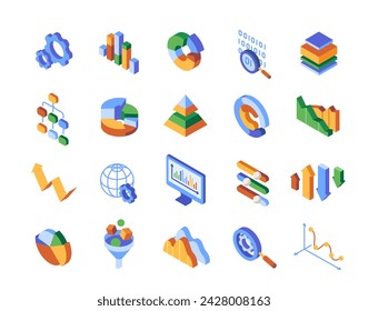 Set of Data Analysis Related Colorful Icons. Bright signs with graphs, pie charts, statistical data analysis, financial information. Cartoon isometric vector collection isolated on white background