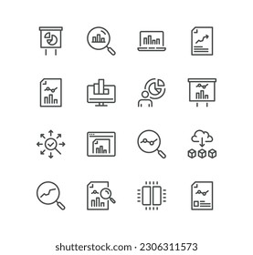 Set von datenanalysebezogenen Symbolen, Diagrammen, Graphen, Verkehrsanalyse, Datum, Berechnung, Berichte, Filter, Forschung und linearen Variantenvektoren.