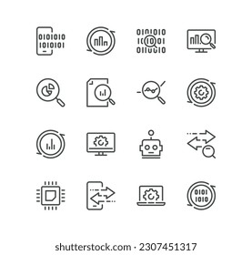Conjunto de iconos, gráficos, gráficos, análisis de tráfico, datos, cómputo, informes, filtros, investigación y vectores de variedad lineal.