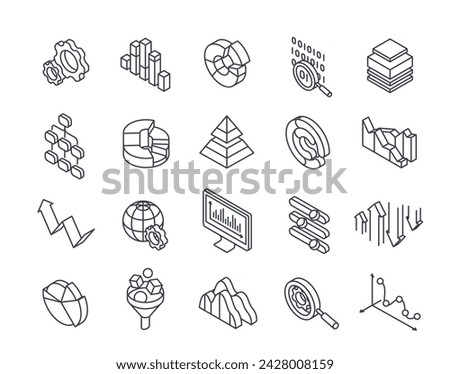 Set of Data Analysis Related Line Icons. Simple thin signs with graphs, charts, statistics and information analysis. Editable Stroke. Outline isometric vector collection isolated on white background