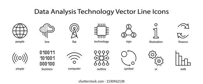 Set of Data Analysis Related Technology Vector Line Icons. Contains such Icons as Charts, Wi-fi, Graphs, Traffic Analysis, Big Data and more. Editable Stroke. 32x32 Pixel Perfect