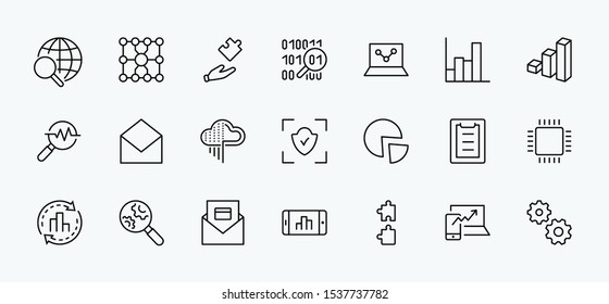 Set of Data Analysis Related Technology Vector Line Icons. Contains such Icons as Charts, Search, Graphs, Traffic Analysis, Big Data and more. Editable Stroke. 32x32 Pixel Perfect
