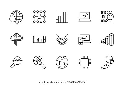 Set of Data Analysis Related Technology Vector Line Icons. Contains such Icons as Charts, Search, Graphs, Traffic Analysis, Big Data and more. Editable Stroke. 32x32 Pixel Perfect