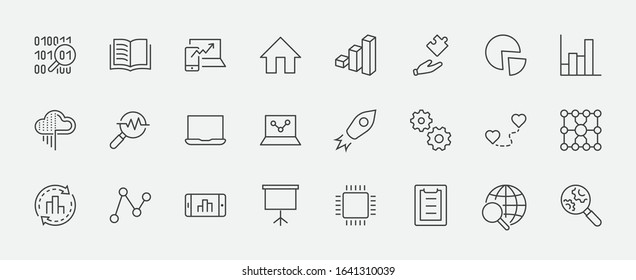 Set of Data Analysis Related Technology Vector Line Icons. Contains such Icons as Charts, Search, Graphs, Traffic Analysis, Big Data and more. Editable Stroke. 32x32 Pixels