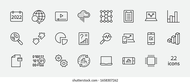 Set of Data Analysis Related Technology Vector Line Icons. Contains such Icons as Charts, Search, Graphs, Traffic Analysis, Big Data and more. Editable Stroke. 32x32 Pixels