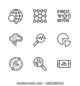 Set of Data Analysis Related Technology Vector Line Icons. Contains such Icons as Charts, Search, Graphs, Traffic Analysis, Big Data and more. Editable Stroke. 32x32 Pixels