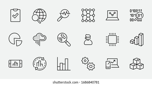 Set of Data Analysis Related Technology Vector Line Icons. Contains such Icons as Charts, Search, Graphs, Traffic Analysis, Big Data and more. Editable Stroke. 32x32 Pixels