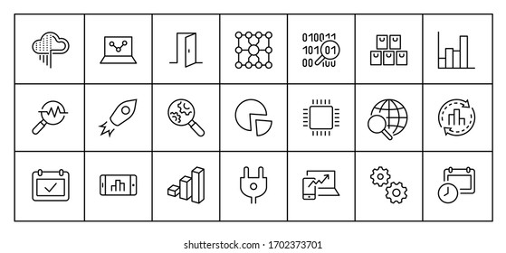 Set of Data Analysis Related Technology Vector Line Icons. Contains such Icons as Charts, Search, Graphs, Traffic Analysis, Big Data and more. Editable Stroke. 32x32 Pixels
