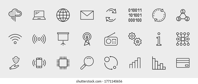 Set of Data Analysis Related Technology Vector Line Icons. Contains such Icons as Charts, Wi-fi, Graphs, Traffic Analysis, Big Data and more. Editable Stroke. 32x32 Pixels