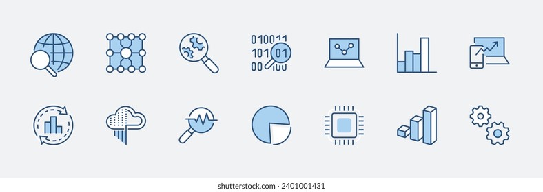Set of  Data Analysis Related Technology Vector Line Icons. Contains such Icons as Charts, Search, Graphs, Traffic Analysis, Big Data and more. Editable Stroke. 32x32 Pixel Perfect