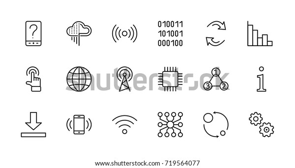 データ分析に関連するテクノロジーのベクター画像線のアイコンのセット グラフ Wi Fi グラフ トラフィック分析 ビッグデータなどのアイコンが含まれます 編集可能なストローク 32 X 32ピクセルパーフェクト のベクター画像素材 ロイヤリティフリー