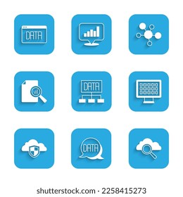 Set Data analysis, Search cloud computing, Binary code, Cloud and shield, Document with graph chart, Mind map infographic and  icon. Vector