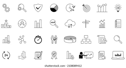 Set of data analysis and statistics icons. Contains such Icons as Charts, Traffic Analysis, Big Data and more.Outline Icons Collection. Vector illustration. Editable Stroke
