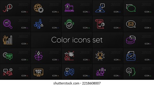 Set of Data analysis, Teamwork and Good mood line icons. Include Globe, Time management, Work home icons. Web tutorials, Report, Quick tips web elements. Approved mail, Lawyer, Trophy. Vector