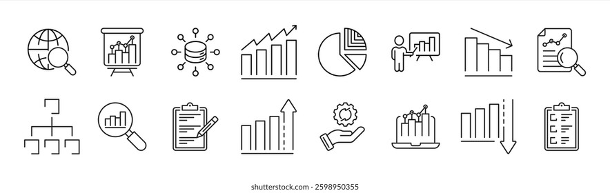 set of data analysis thin line icon. containing chart, database, statistic, monitoring, graph, search, big data analysis icon collections. vector illustration