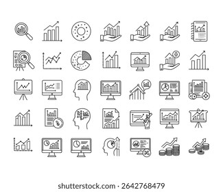  Set of Data Analytics and Business Growth Line Icons – Editable Vector Illustrations, Business, Finance, Growth, Chart, Graph, Analytics, Data, Report, Statistics, Market, Investment, Progress