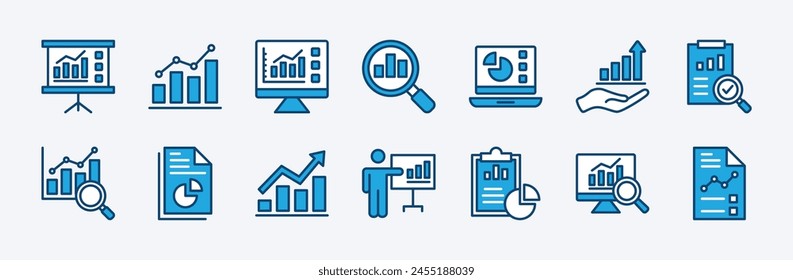 Set of data analytics icon. Statistical science data information. Containing financial profit graph, database, statistics, chart, presentation, performance. Review results document vector illustration