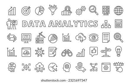 Set of Data analytics  icons in line design .Data visualization, Charts, Analytics dashboard, Big data, Statist. Data analytics vector illustrations. icons isolated on while background vector.