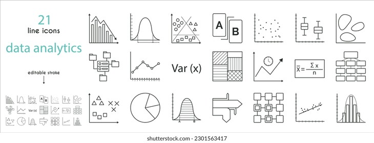 Eine Reihe von Symbolen für Datenanalyse. Lineare Regression, Verteilungsdichte, Wärmekarte, Prüfung, Zeitreihen, Korrelationskoeffizient, Klassifizierung, Regressionsanalyse, verknüpfte Daten, Clustering, Trends.