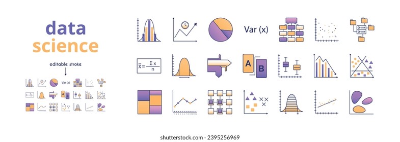 Eine Reihe von Symbolen für Datenanalyse. Lineare Regression, Verteilungsdichte, Wärmekarte, Prüfung, Zeitreihen, Korrelationskoeffizient, Klassifizierung, Regressionsanalyse, verknüpfte Daten, Clustering, Trends.