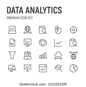 Conjunto de iconos de línea de análisis de datos. Paquete de carteles de moda. Pixel perfecto objetos para interfaz de usuario, aplicaciones y web. 