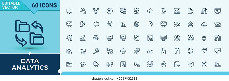 Set of Data Analytics line icons. Contains linear outline icons like arrow, graph, security, statistics, optimization, server. Outline icon collection. Editable vector outline and solid icons.