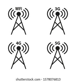 Set with data antennas. 3g, 4g, 5g,  wifi Internet standards. Mobile or radio tower.  TV or internet icon. Vector illustration isolated on a white background