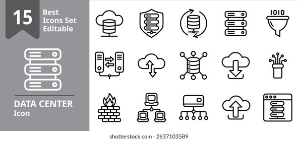 Set of Data Center icons. Icons Contains server, data privacy, firewall, cloud server, upload, etc . Design elements for you projects