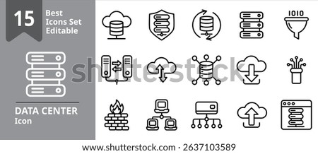 Set of Data Center icons. Icons Contains server, data privacy, firewall, cloud server, upload, etc . Design elements for you projects