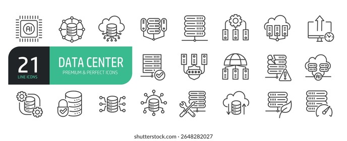 Conjunto De Ícones De Linha Do Data Center. Contém ícones como Servidor, Hospedagem, Rede, Computação em Nuvem e muito mais.