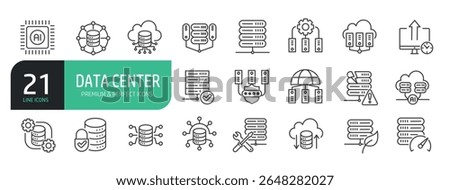 Set Of Data Center Line Icons. Contains such icons as Server, Hosting, Network, Cloud Computing, and more.