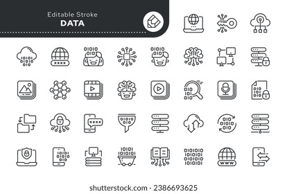 Set of data conceptual line web icons in outline linear style. Icon - database, optimization, processing, transfer and search of digital data, server and storage. Vector pack.