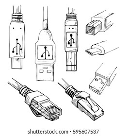 Set of data connector plug: different USB types, and RJ45 (8P8C). Collection of vector illustration in sketch style.