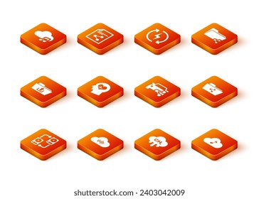 Establecer intercambio de datos con hd, servicio de streaming de música, carga de carpetas, latido de cabeza, reducción de emisiones de metano e icono de uso compartido de coches. Vector
