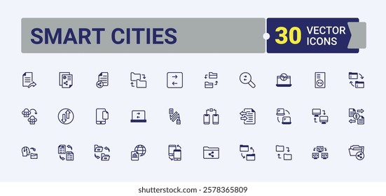 Set of Data Exchange line icons. Includes thin line report, connect, innovation, computer, server, storage, network and more. Isolated icons design. Editable vector icon and illustration.