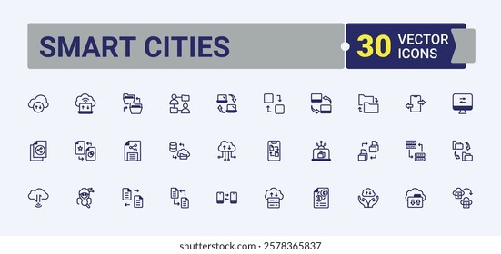 Set of Data Exchange line icons. Includes thin line report, connect, innovation, computer, server, storage, network and more. Isolated icons design. Editable vector icon and illustration.