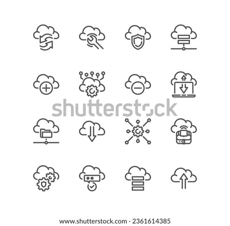 Set of data exchange related icons, sync, backup, cloud, data transfer, network and linear variety vectors.

