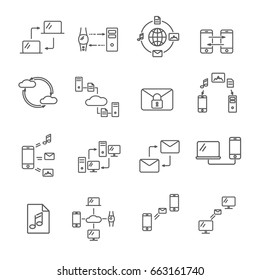 Set of data exchange Related Vector Line Icons. Includes such Icons as internet, media, e-mails, electronic data, information, communication
