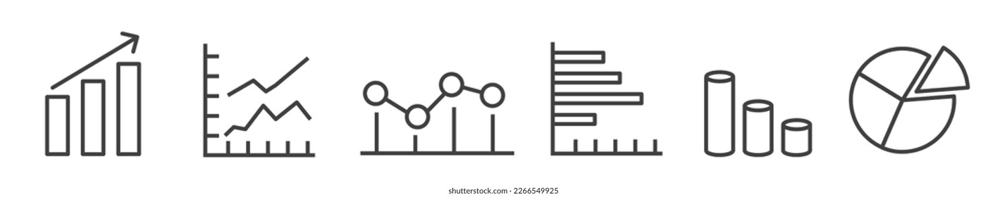 Set of data gathering and analytics related Vector Line Icons - Data elements, bar and pie, diagrams for business infographics outline web icon set on white background - Editable Stroke