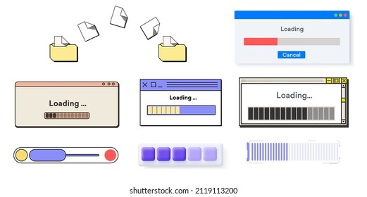 A set of Data loading window with a progress indicator on a white background. Retro download bar, alert window mock up in classic style. Backing up documents in the old interface. Vector illustration