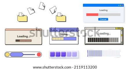 A set of Data loading window with a progress indicator on a white background. Retro download bar, alert window mock up in classic style. Backing up documents in the old interface. Vector illustration