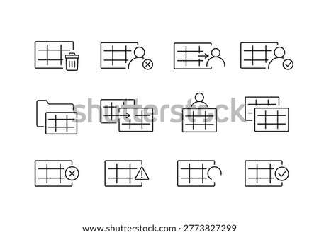 A set of data management and access control icons for validation, user permissions, data operations, and status tracking in dashboards and admin systems, created in line style with editable stroke