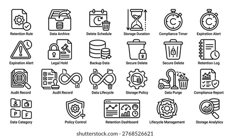 Set of data management icons for security, compliance, and analytics. Includes retention, audit, and lifecycle.