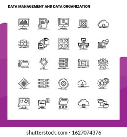 Set of Data Management And Data Organization Line Icon set 25 Icons. Vector Minimalism Style Design Black Icons Set. Linear pictogram pack.