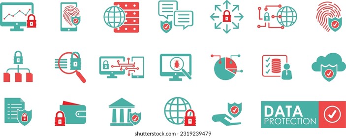 Set of Data Protection icon. Cyber lock, password, unlock. Security system icons. Electronic check, firewall. Internet protection, laptop password. Vector Solid icon style.
